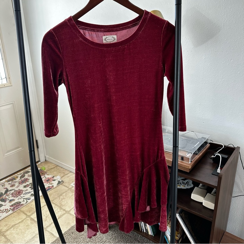 Mia Joy Girls Velvet Long Sleeve Wine Red Flared Hem Dress